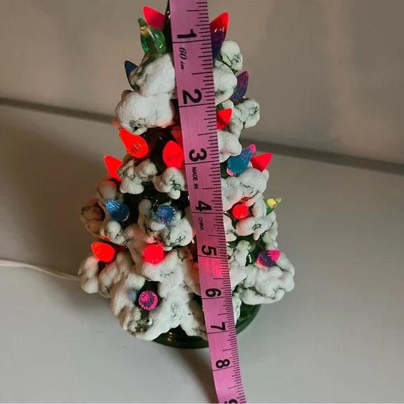 Vintage Ceramic Christmas Tree Snow Dated 1984 Green Multi Color 9” Tall